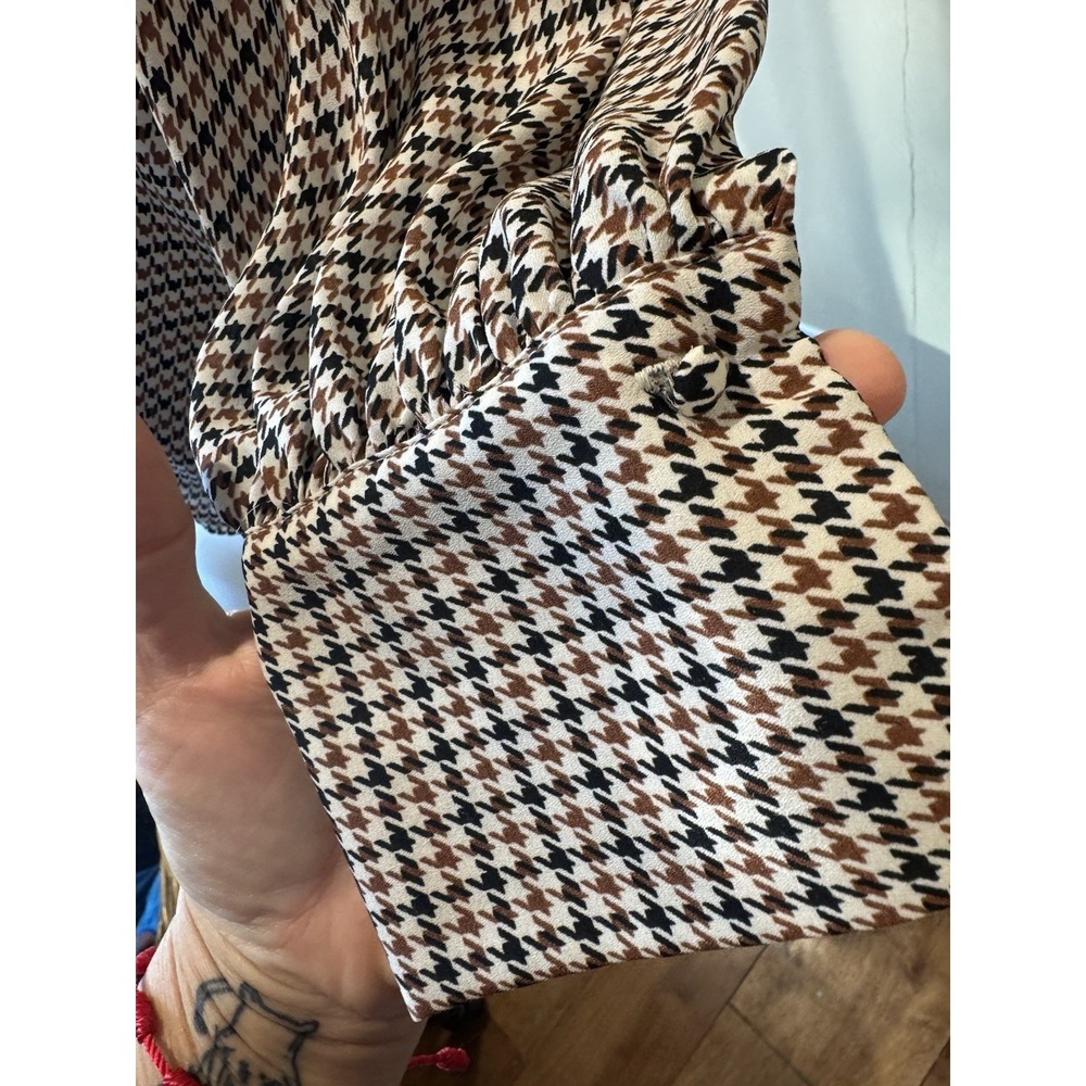 WHO WHAT WEAR Houndstooth Tie-Neck Collared Puff Long Sleeve Blouse M - Picture 5 of 7